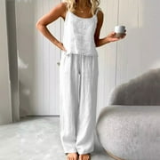 Njoeus Plus Size Pajamas, Womens 2 Piece Outfits Women's Fashion 2 Piece Cotton Linen Lounge Outfits Sleepwear Sleeveless Spaghetti Strap Tank Top Pants Set Sleepwear for Women Pajama Set Clearance Wh
